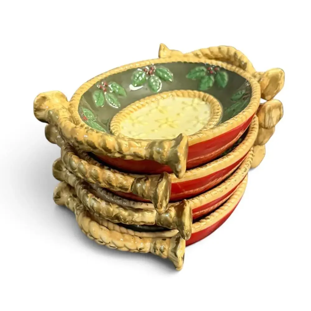 Studio Nova Woodland Holly Santa JA015 Hand Painted Ceramic Dish Set of 4